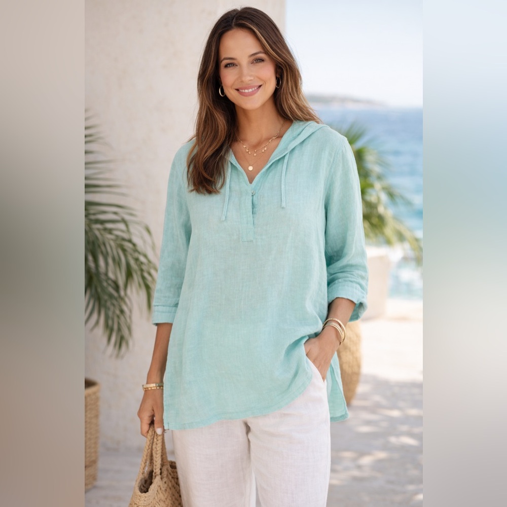 Talbots Linen Hooded Tunic Top | Lightweight Coastal Resort Boho Beach Cover-Up